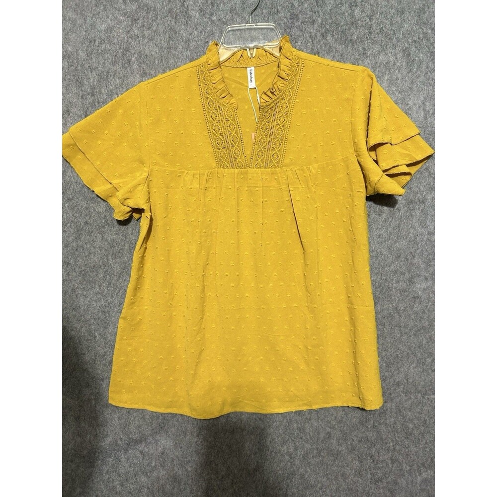 Falechay Women's Boho Mustard Yellow Ruffle V-Neck Blouse Lace Trim Dots Size L